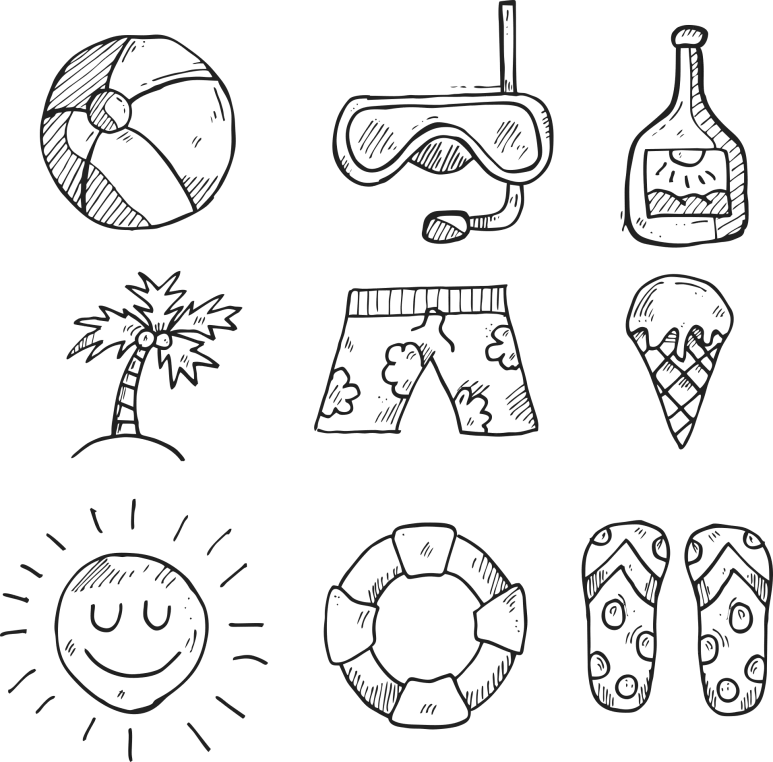 Illustrazioni estive: pallone, maschera, palma, costume, gelato, sole, salvagente e infradito